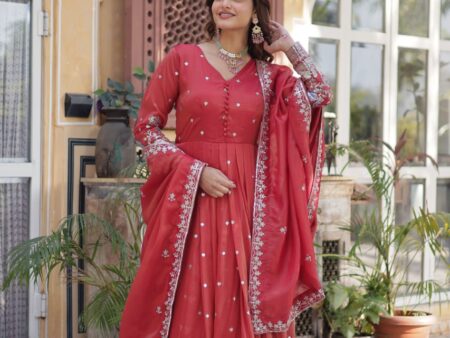 Women's Festive Rust Red Anarkali Gown with Intricate Silver Zari & Sequin Embroidery – Complete with Embroidered Dupatta